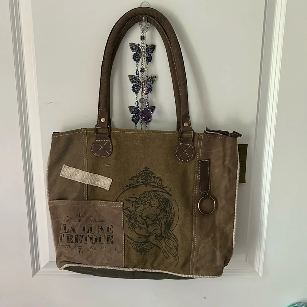 Brown Canvas Tote Bag with Graphic Design - Picture 1 of 5